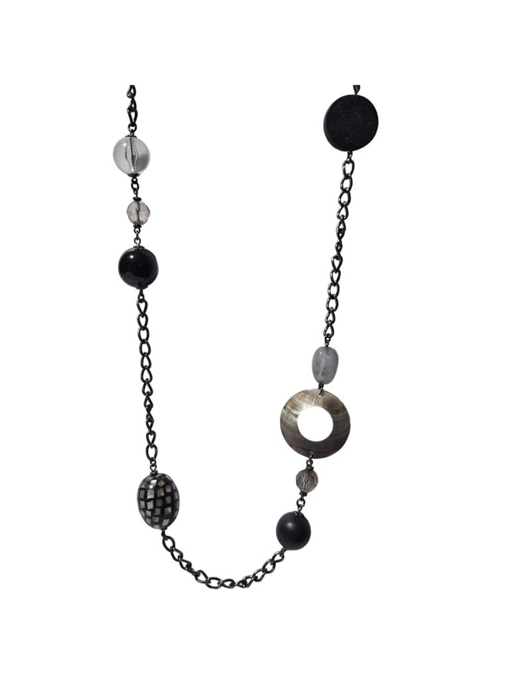Cookie Lee Necklace Black Gray Mosaic Beads Shell Ring Gunmetal Chain Boho Artsy